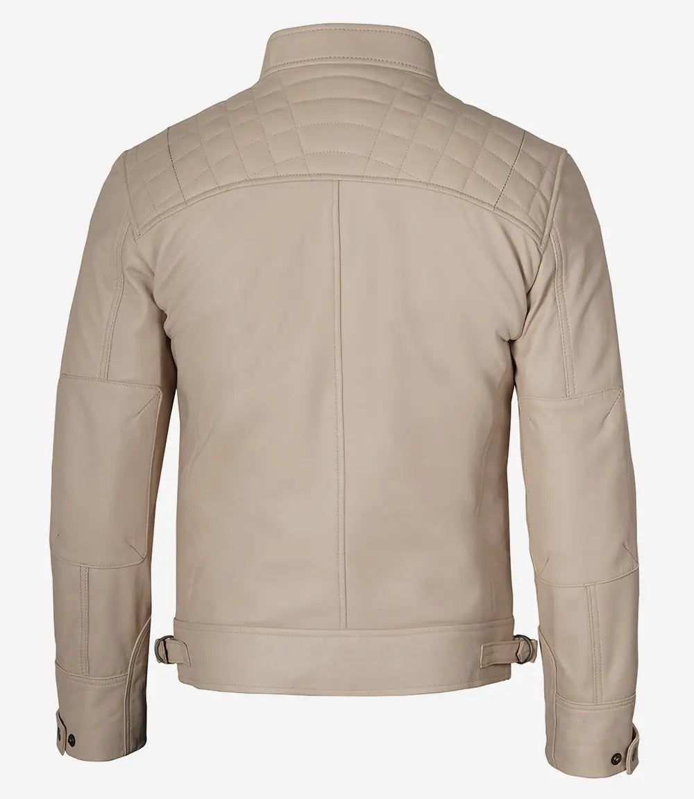 Mens Quilted Shoulder Beige Cafe Racer Leather Jacket