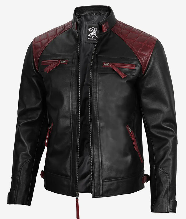 Mens Black and Maroon Cafe Racer Leather Jacket