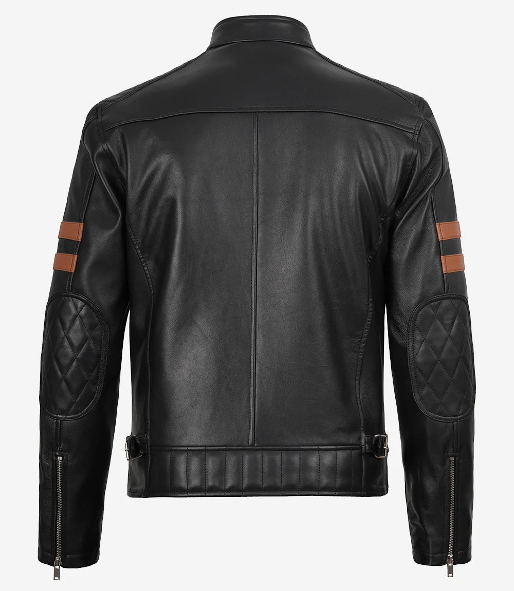 Men's Black Leather Biker Style Jacket with Tan Arm Stripes