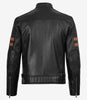 Men's Black Leather Biker Style Jacket with Tan Arm Stripes