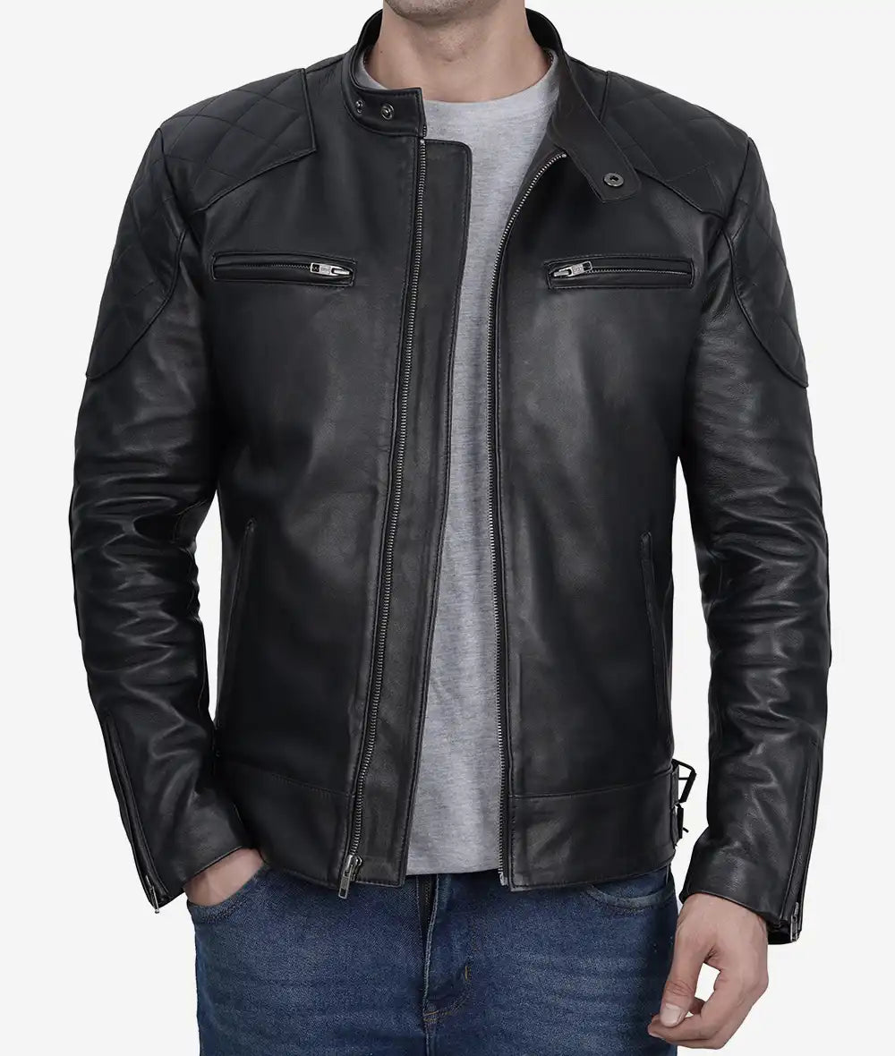 Mens Black Leather Cafe Racer Jacket
