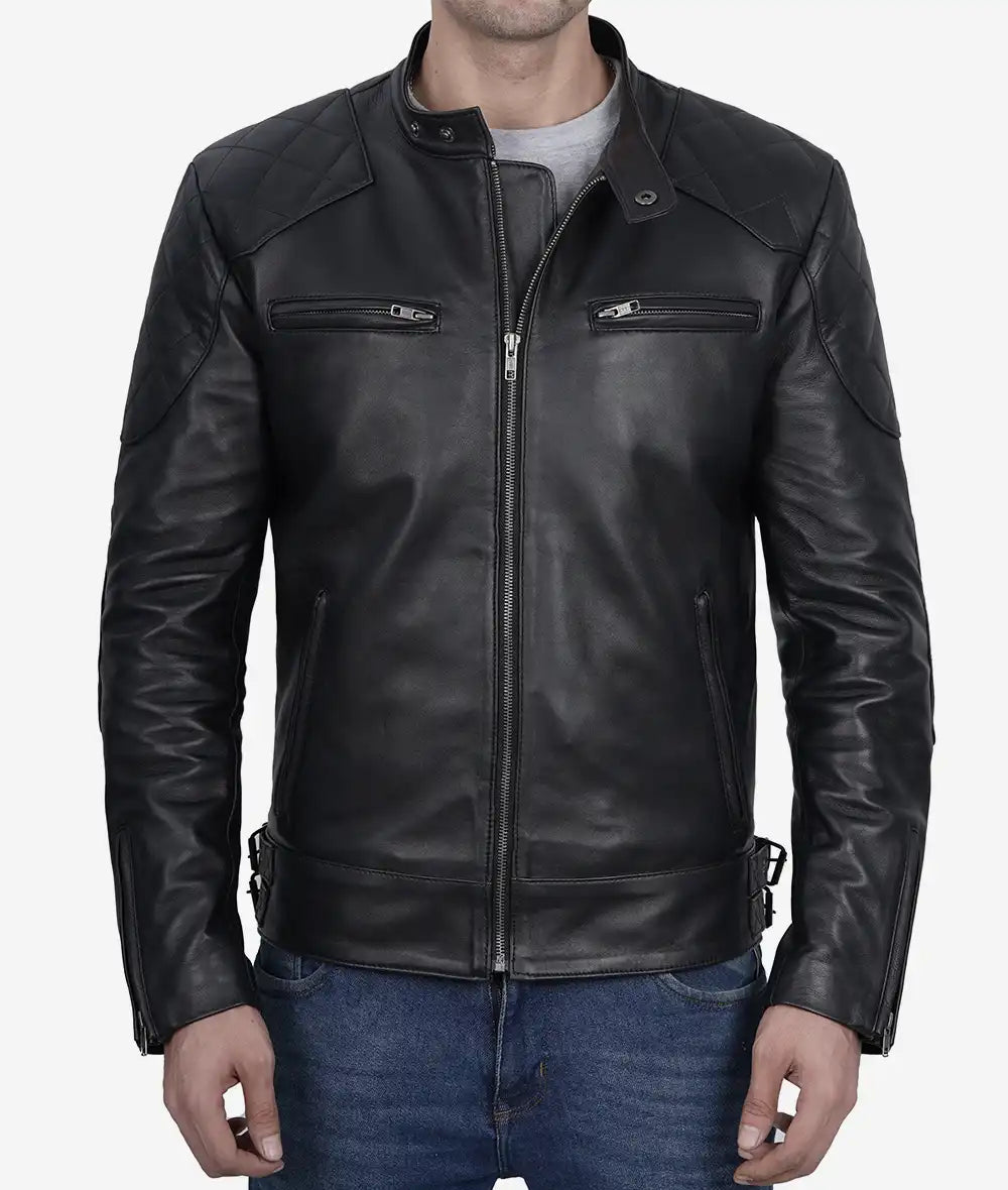 Mens Black Leather Cafe Racer Jacket