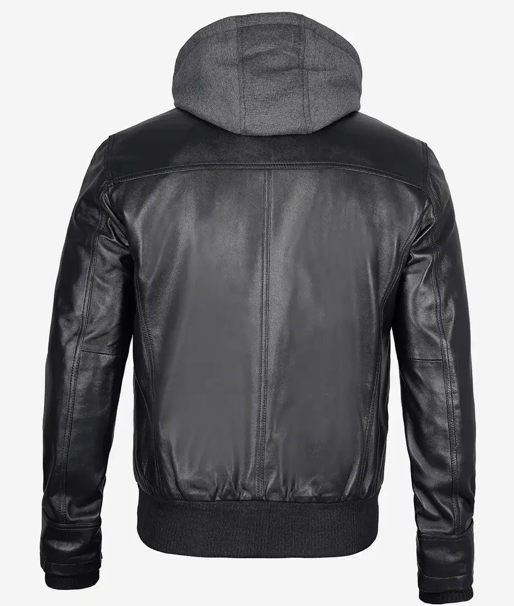 Mens Black Leather Hooded Moto Jacket