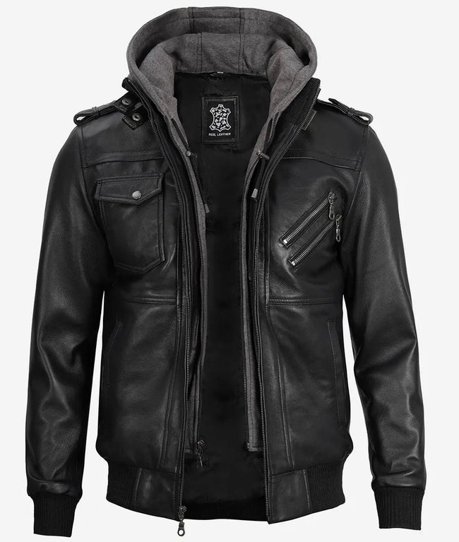 Mens Bomber Hooded Black Leather Jacket