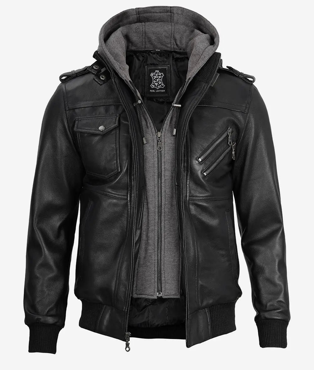Mens Bomber Hooded Black Leather Jacket