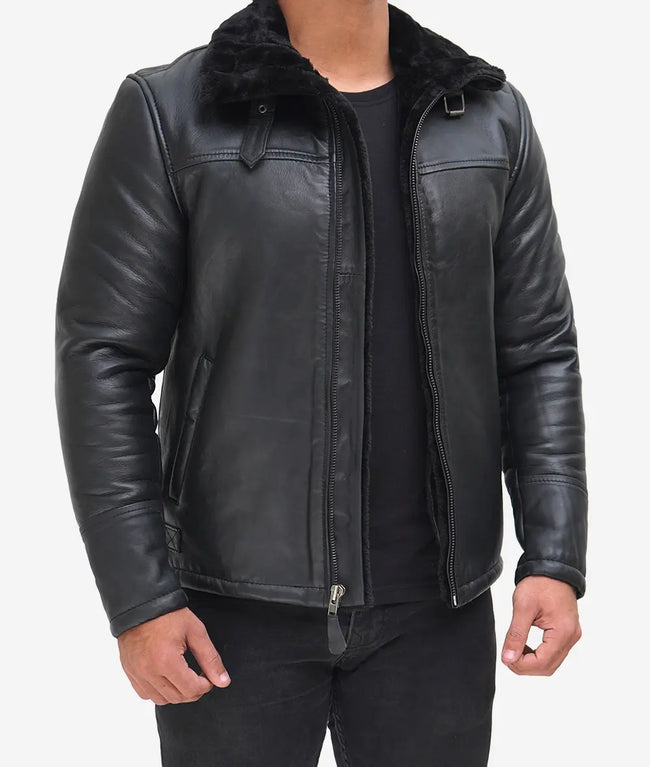 Black Leather B3 Bomber Jacket Mens