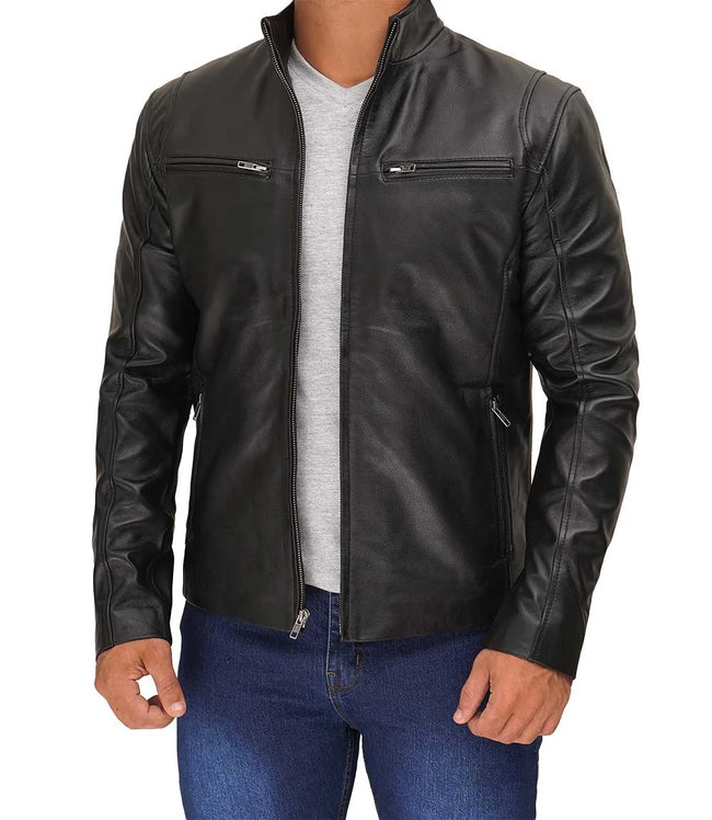 Mens Classic Black Cafe Racer Leather Jacket