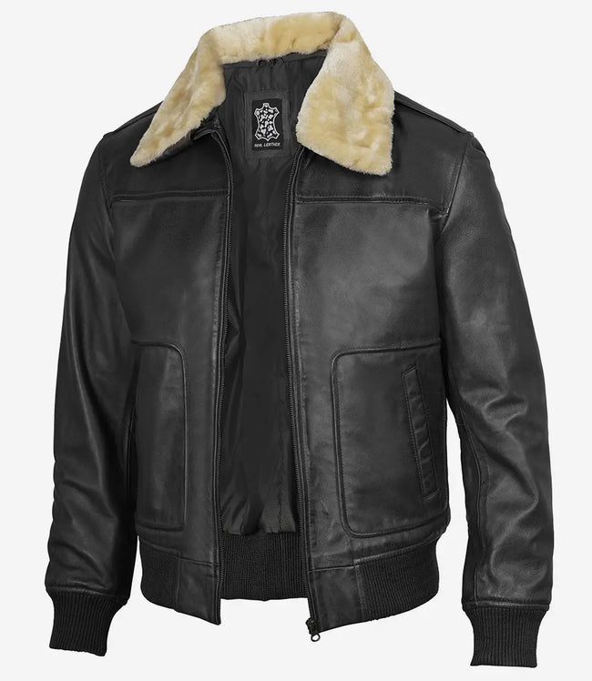 Mens Fur Collar Black Bomber Leather Jacket 