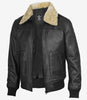 Mens Fur Collar Black Bomber Leather Jacket 