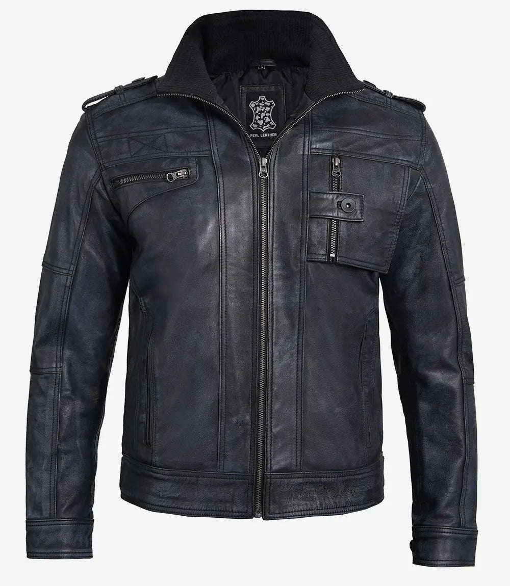 Mens Cafe Racer Distressed Black Leather Jacket