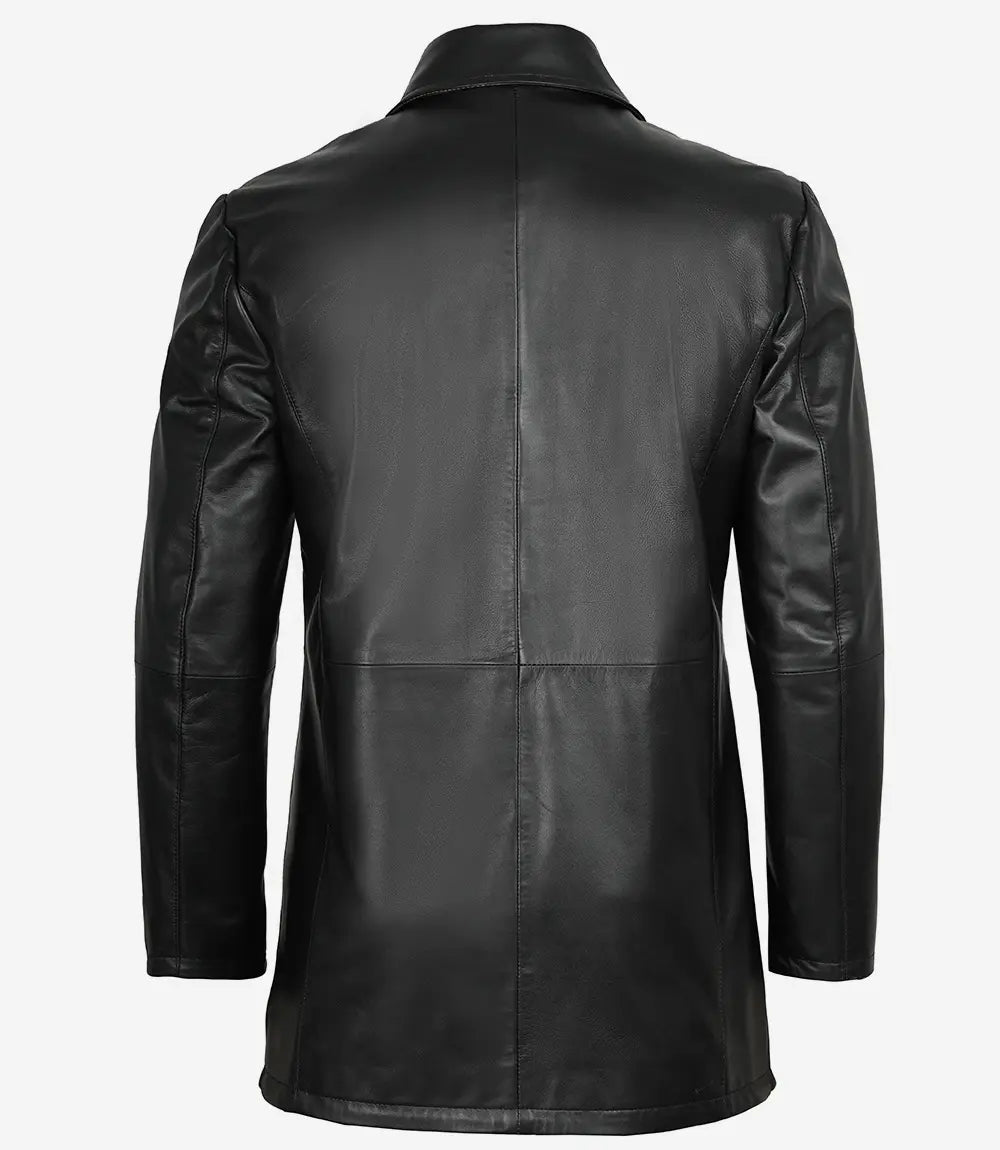 Mens Black Leather Coat With Brown Detailing