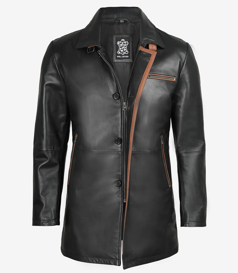Mens Black Leather Coat With Brown Detailing