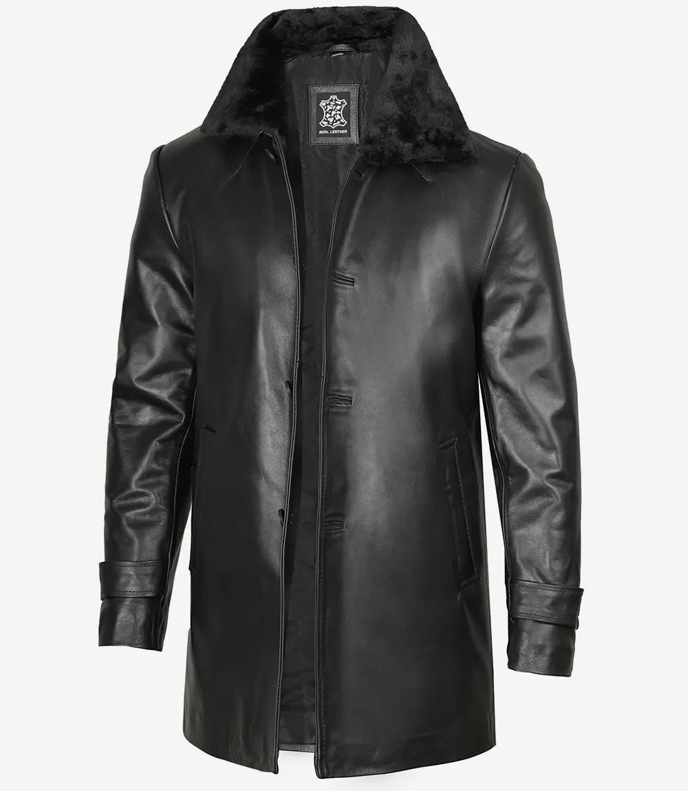 Black Shearling Three Quarter Length Coat Mens