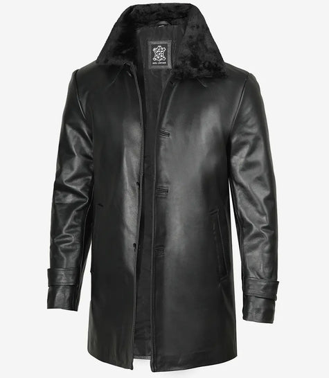 Black Shearling Three Quarter Length Coat Mens