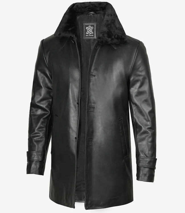 Black Shearling Three Quarter Length Coat Mens