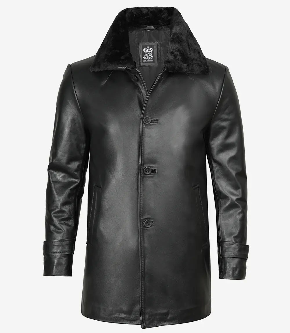 Black Shearling Three Quarter Length Coat Mens