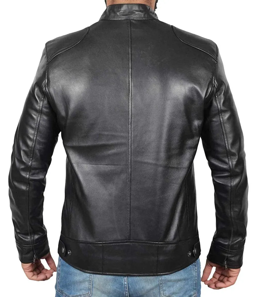 Dodge Black Mens Leather Racer Jacket
