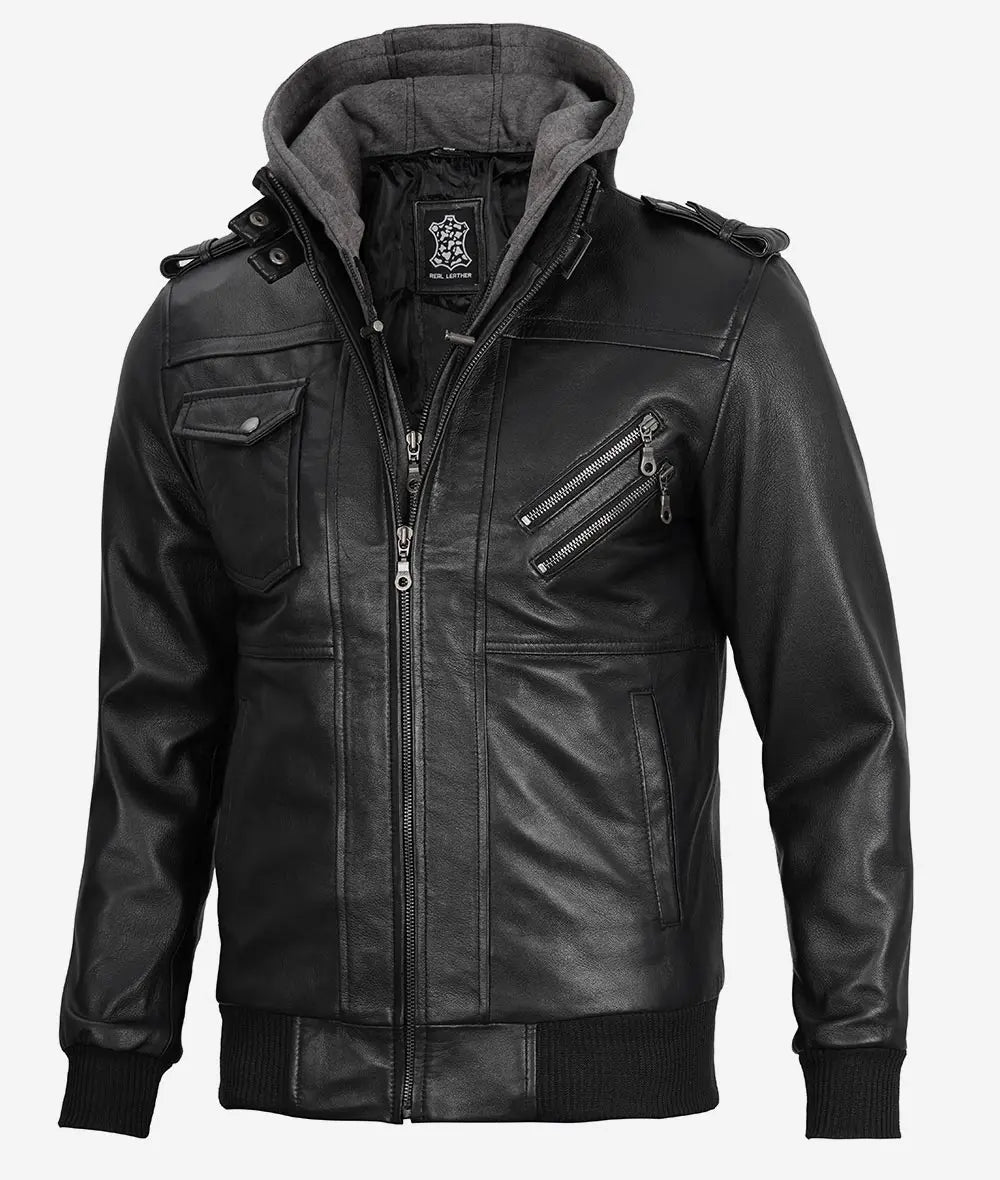 Mens Bomber Hooded Black Leather Jacket