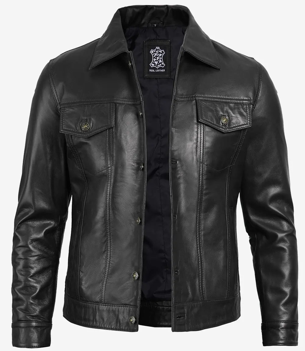 Mens Black Leather Trucker Jacket