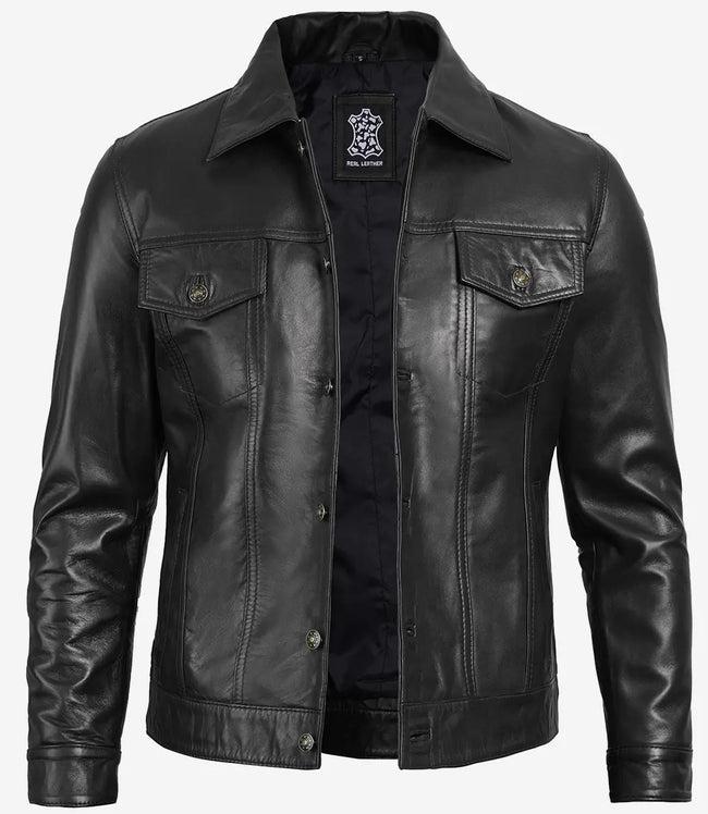 Mens Black Leather Trucker Jacket