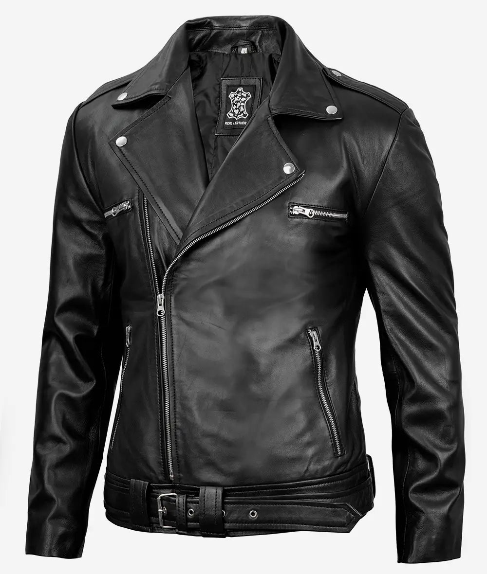 Black Asymmetrical Belted Moto Leather Jacket