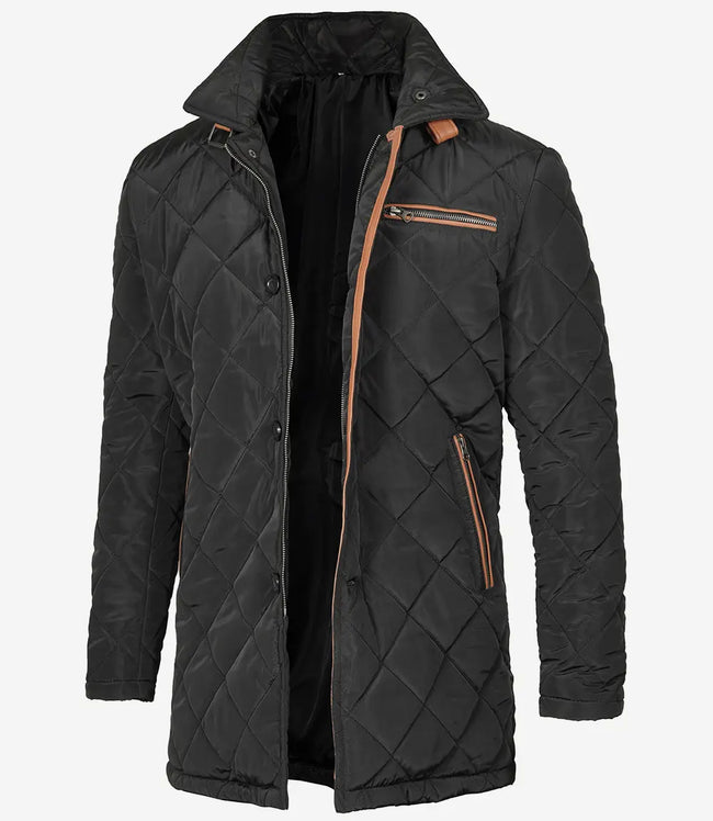 Mens Black Quilted Coat With Brown Detailing