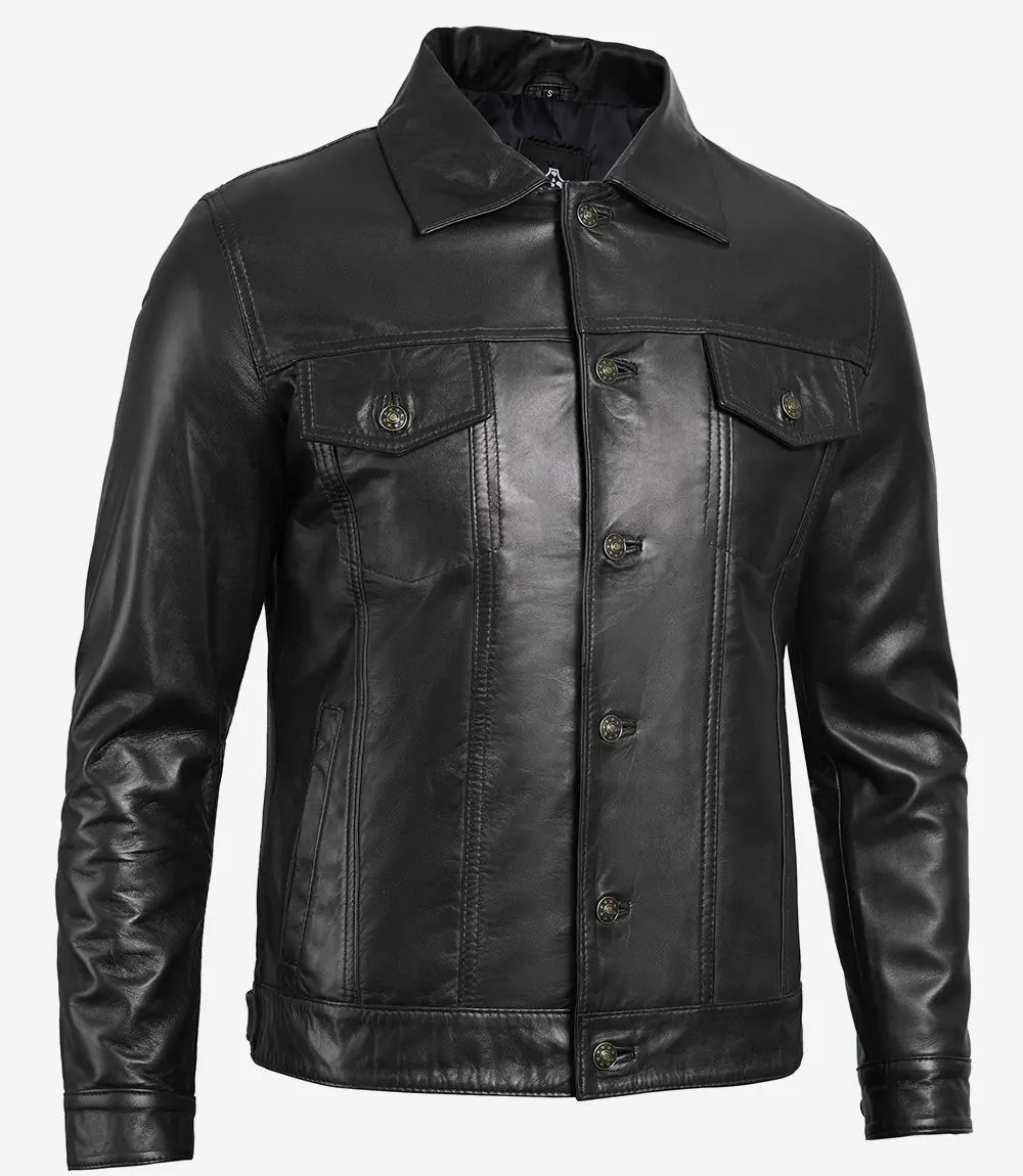 Mens Black Leather Trucker Jacket