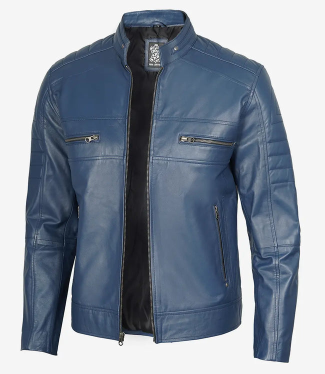 Mens Blue Cafe Racer Leather Jacket