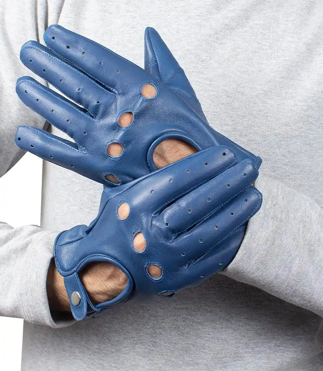 Mens Real Leather Blue Driving Gloves