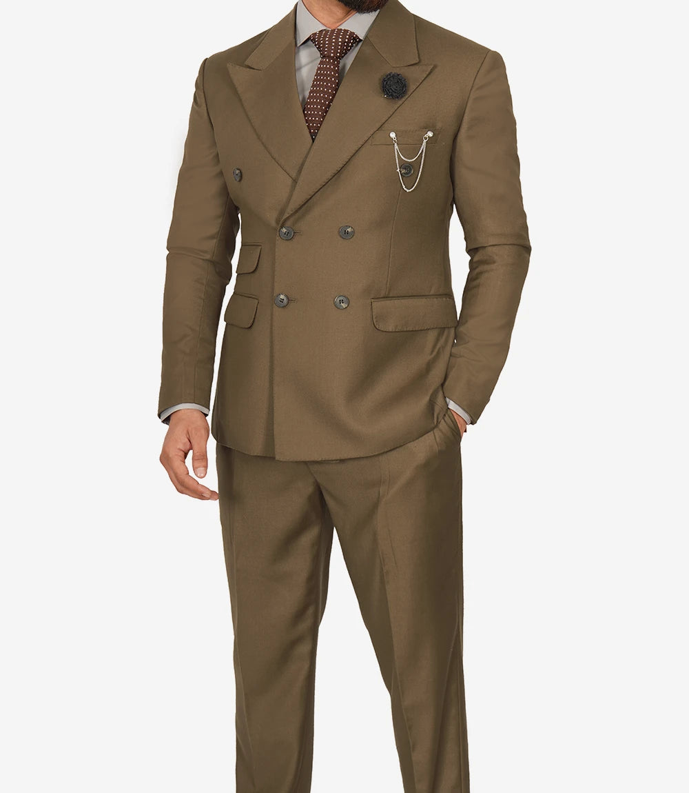 Mens Wide Peak Lapel Double Breasted Brown Suit