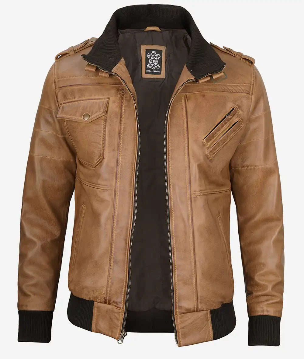 Mens Camel Brown Bomber Leather Jacket With Hood
