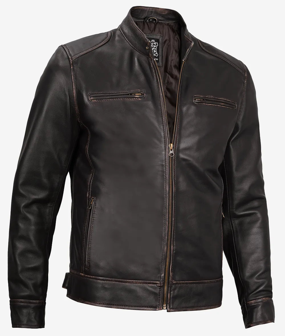 Mens Distressed Brown Moto Racer Jacket