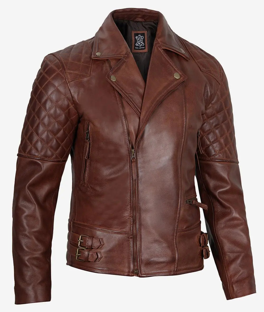 Frisco Quilted Sleeves Asymmetrical Rustic Oxblood Brando Motorcycle Leather Jacket