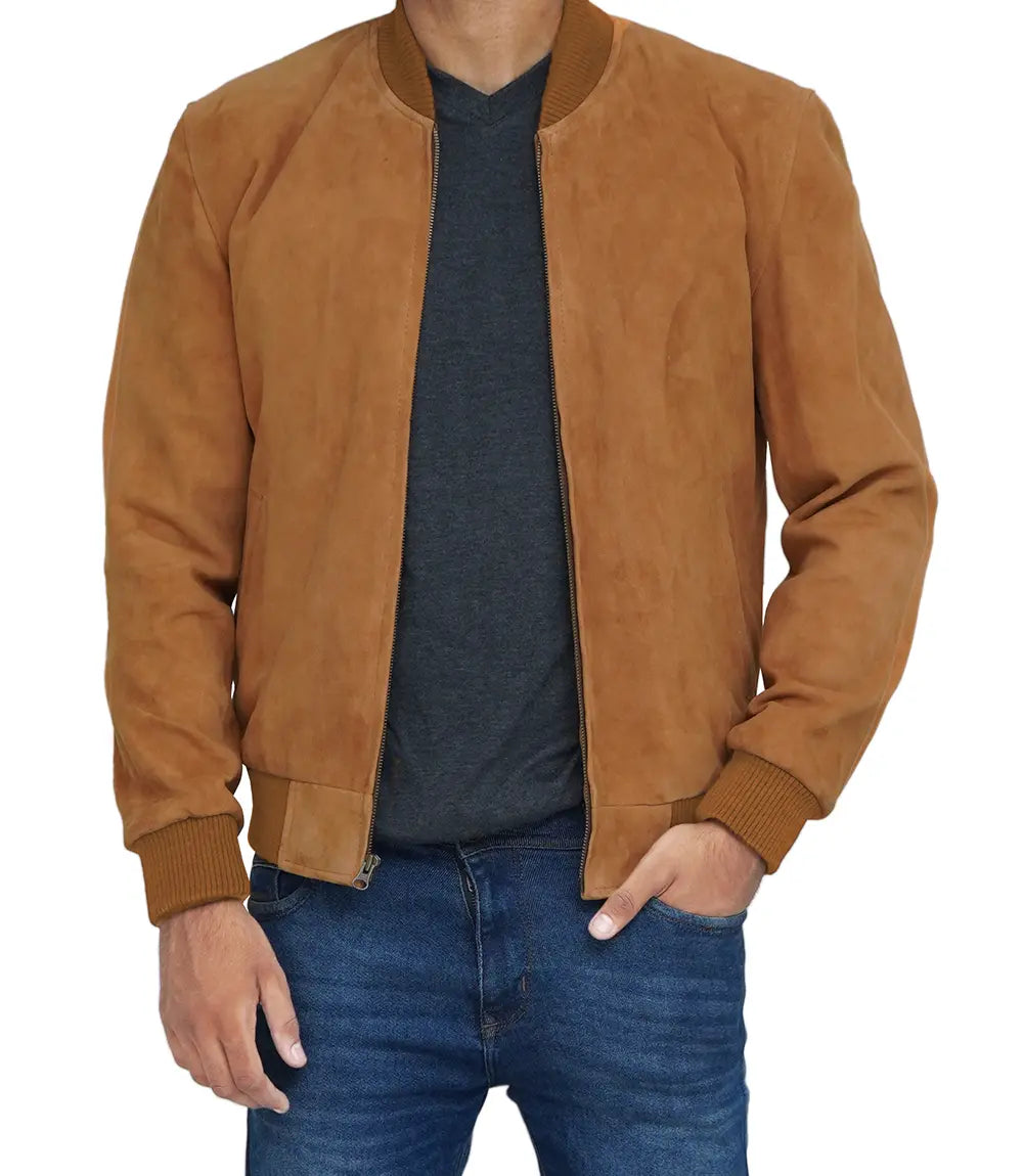 Mens Suede Brown Bomber Leather Jacket
