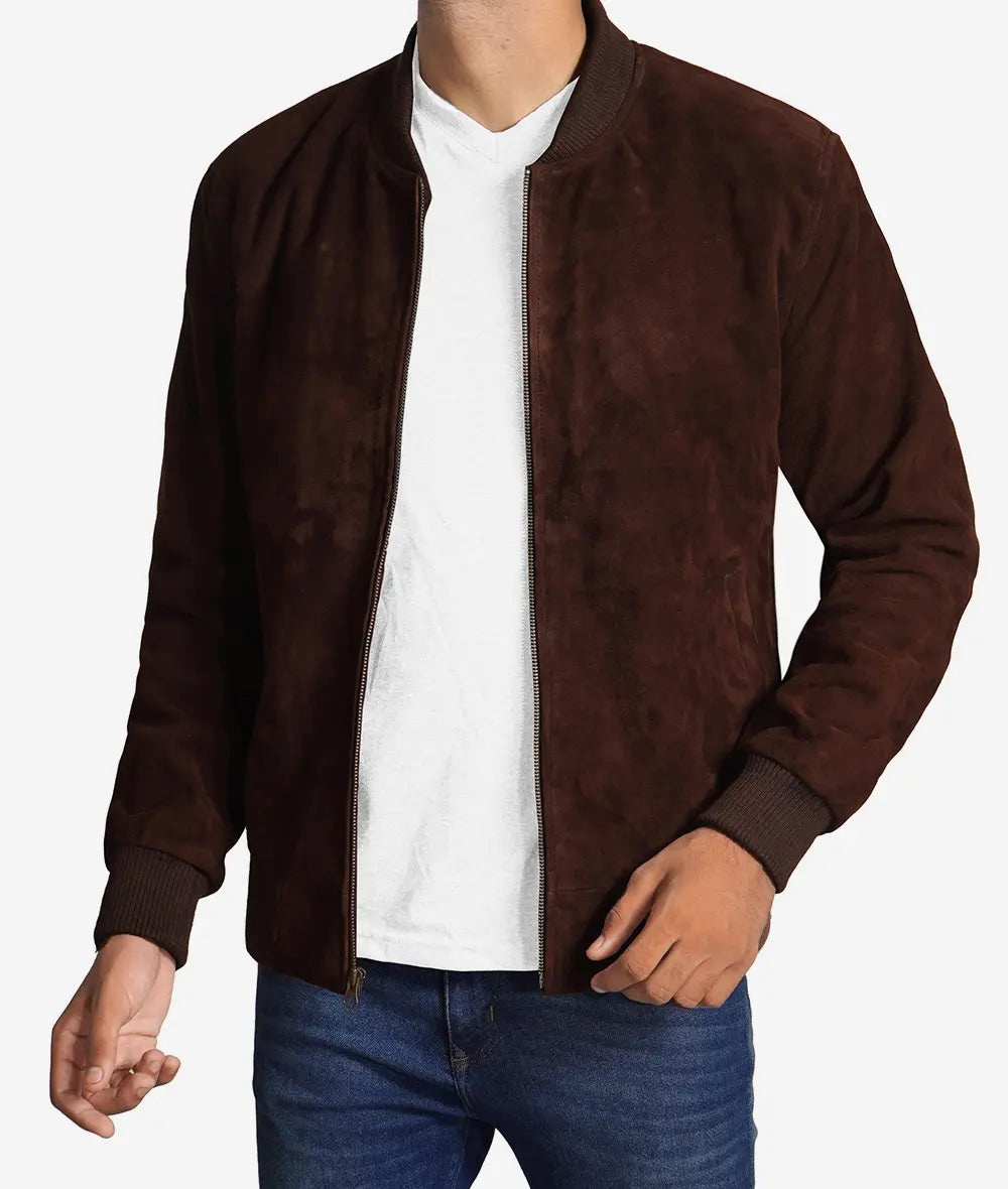 Mens Suede Leather Dark Brown Bomber Jacket