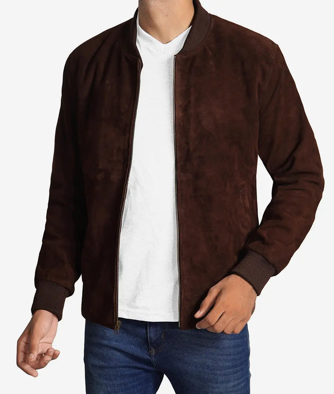 Mens Suede Leather Dark Brown Bomber Jacket