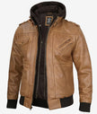 Mens Camel Brown Bomber Leather Jacket With Hood