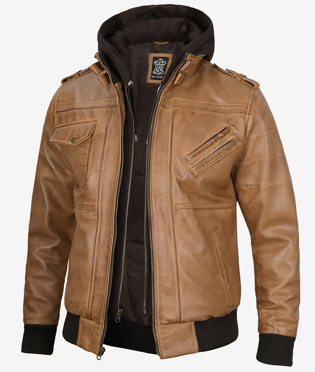 Mens Camel Brown Bomber Leather Jacket With Hood