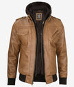 Mens Camel Brown Bomber Leather Jacket With Hood