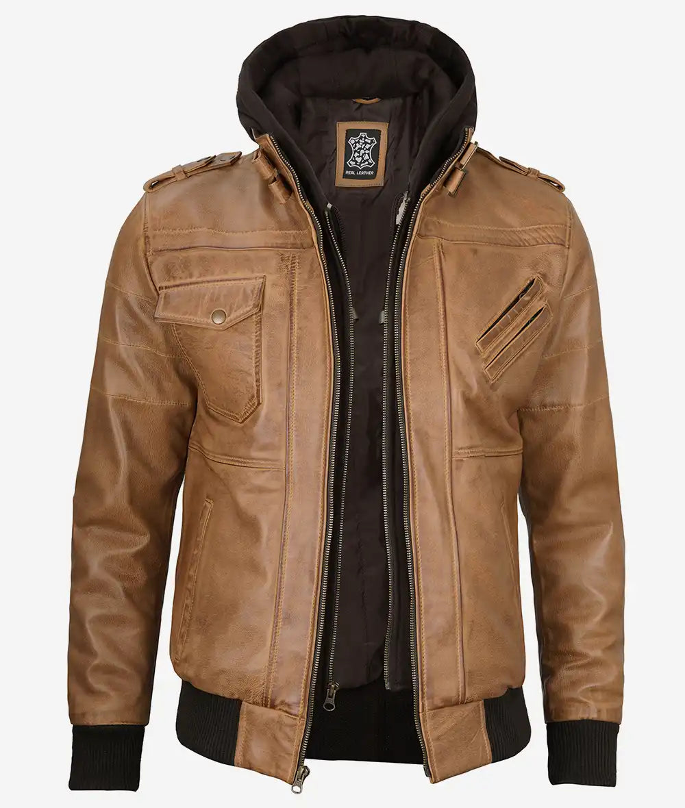 Mens Camel Brown Bomber Leather Jacket With Hood