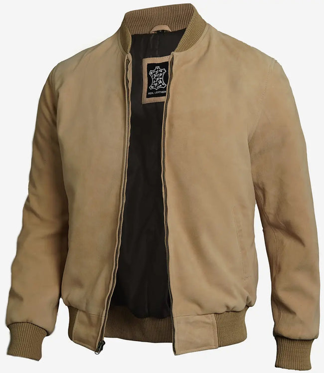 Suede Bomber Camel Leather Jacket Mens