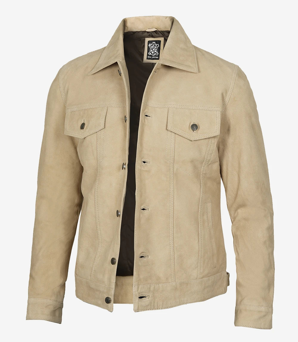 Mens Camel Suede Trucker Jacket