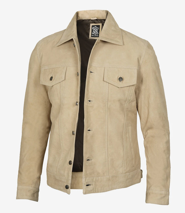 Mens Camel Suede Trucker Jacket