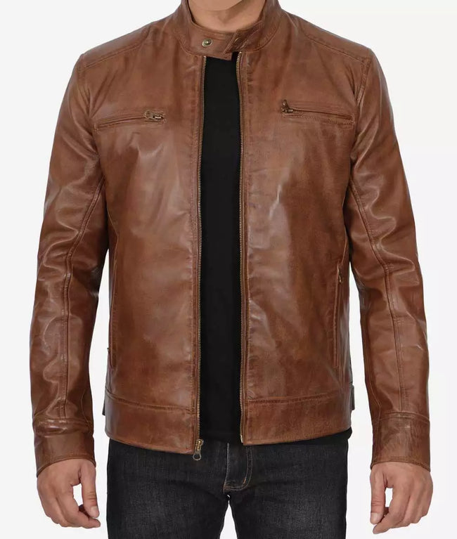 Mens Chocolate Brown Cafe Racer Motorcycle Leather Jacket