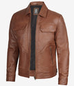 Mens Classic Shirt Collar Cognac Trucker Leather Jacket