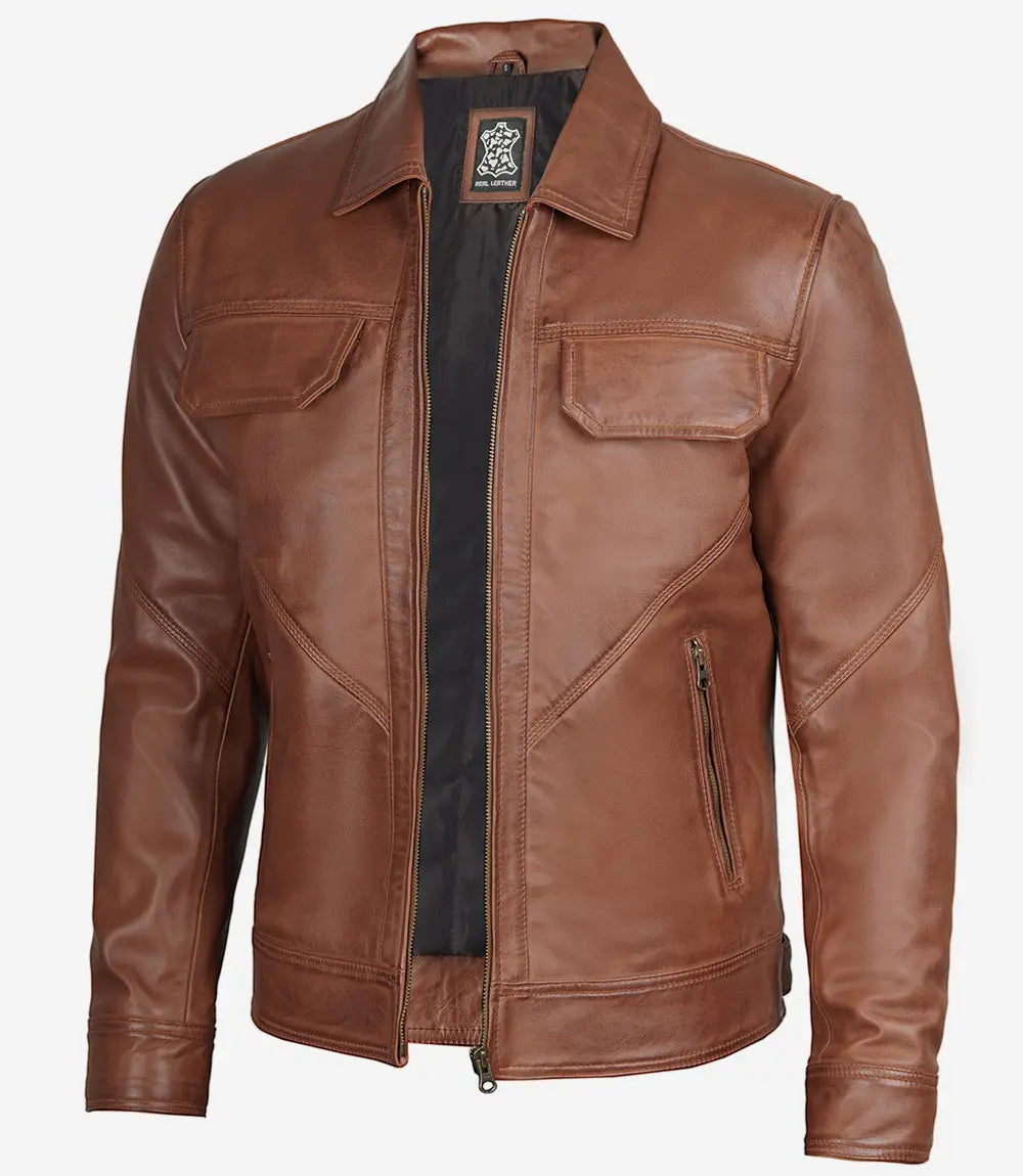 Mens Classic Shirt Collar Cognac Trucker Leather Jacket