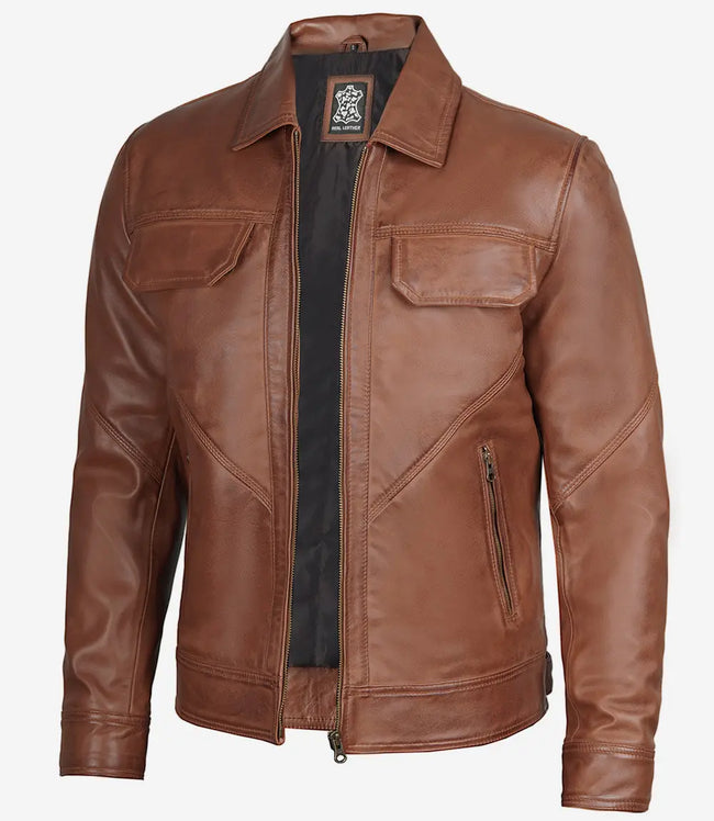 Mens Classic Shirt Collar Cognac Trucker Leather Jacket
