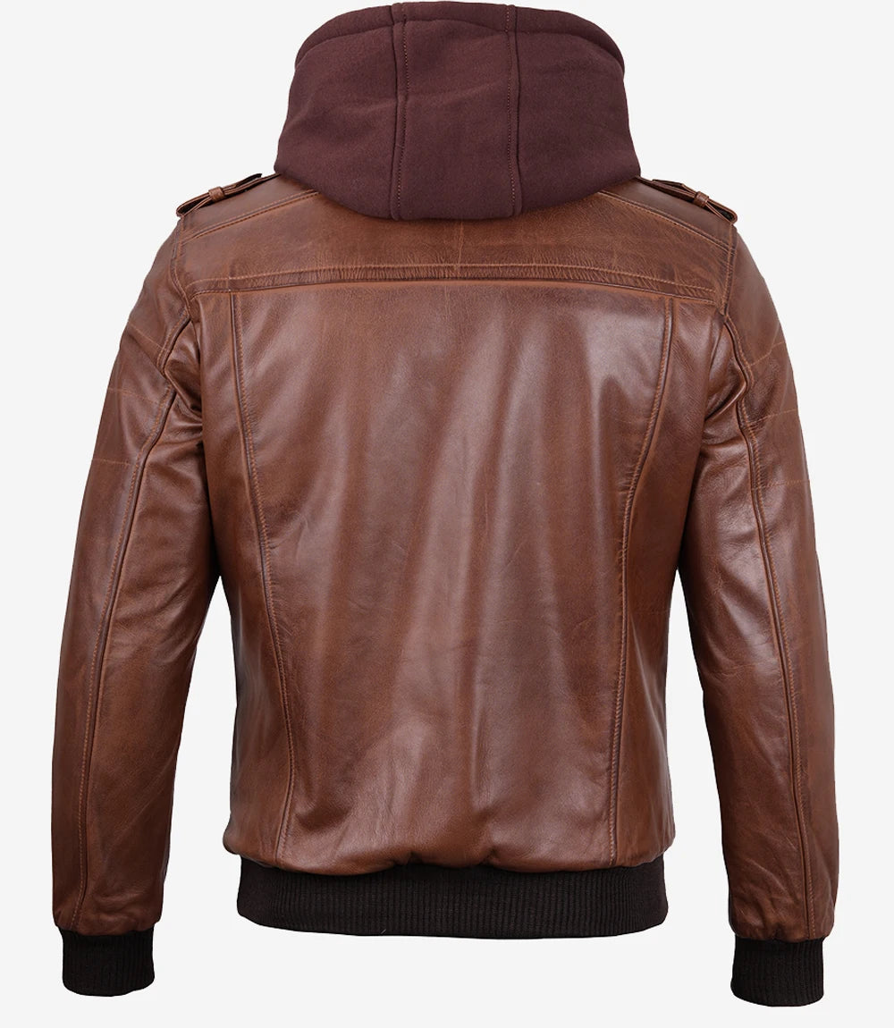 Brown Leather Bomber Jacket With Hood