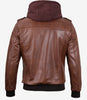 Brown Leather Bomber Jacket With Hood