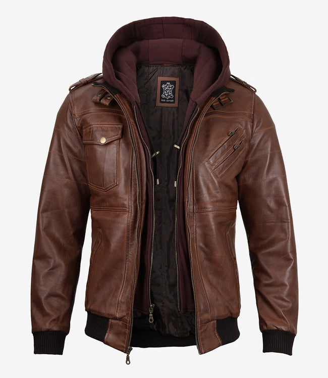 Brown Leather Bomber Jacket With Hood